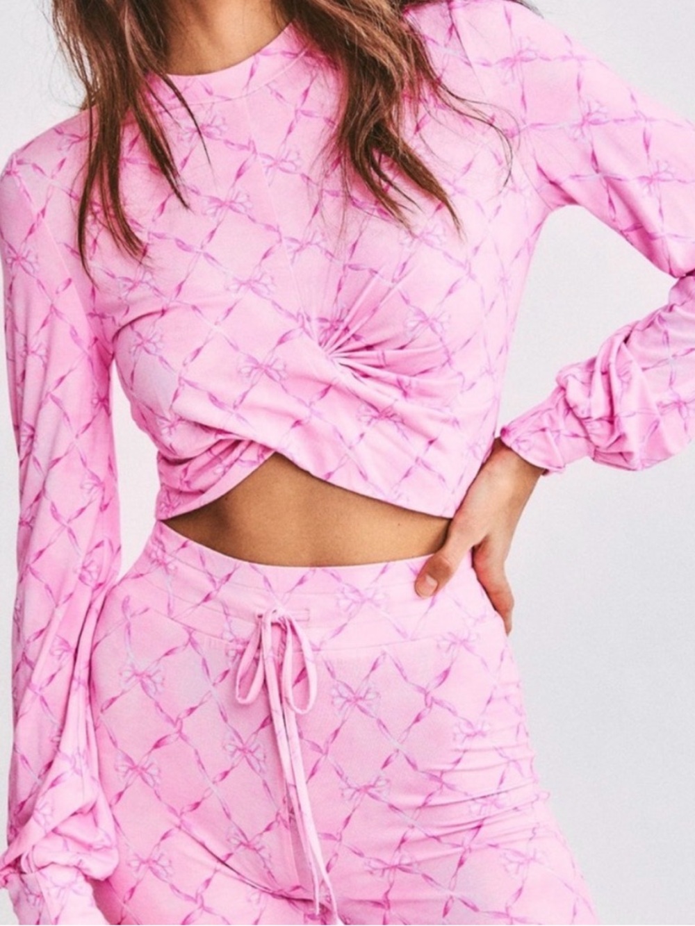 LoveShackFancy Pink Long-Sleeve Twist-Front Crop Top